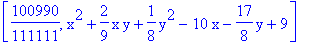 [100990/111111, x^2+2/9*x*y+1/8*y^2-10*x-17/8*y+9]